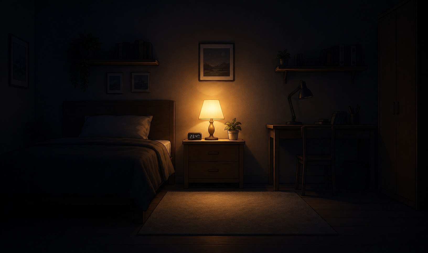 Camera da letto illustrata con lampada accesa al centro